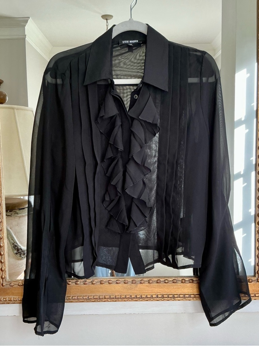 Steve Madden Black Sheer Ruffle Button-Front Blouse